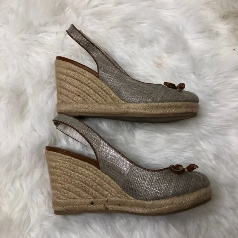 Bass Metallic Grey‎ Bow Wedge Espadrille Size 7